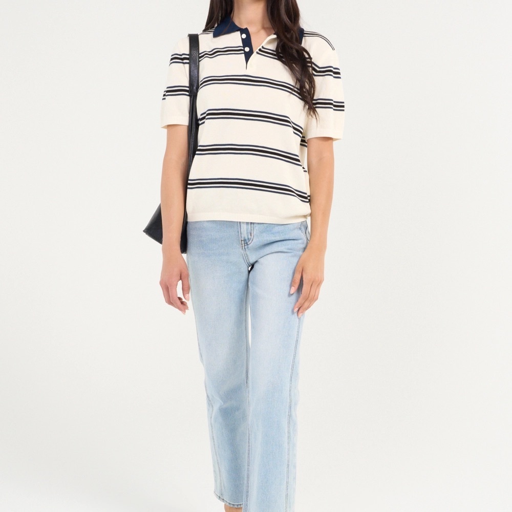DUNST Unisex Polo Cream and Navy Striped Collared Top